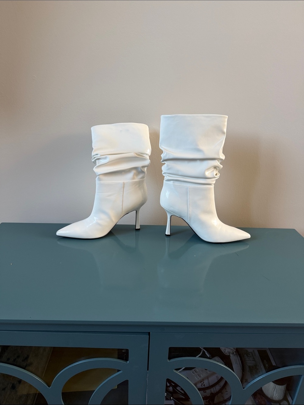 White Slouch Mid-Calf Pointed Toe Stiletto Boots